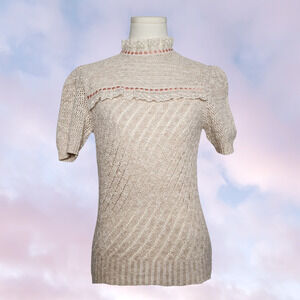 Vtg Tan Pink White Handmade Knit Turtleneck Lace Cottage Coquette Victorian Top